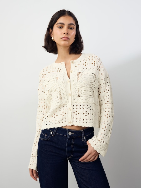 White Ecru Crochet Square Patch Button Up Cardigan (AV1696) | £48