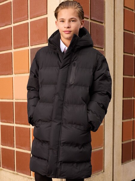 Black Waterproof Long Line Fleece Lined Puffer Coat (3-17yrs) (AV2379) | £45 - £65