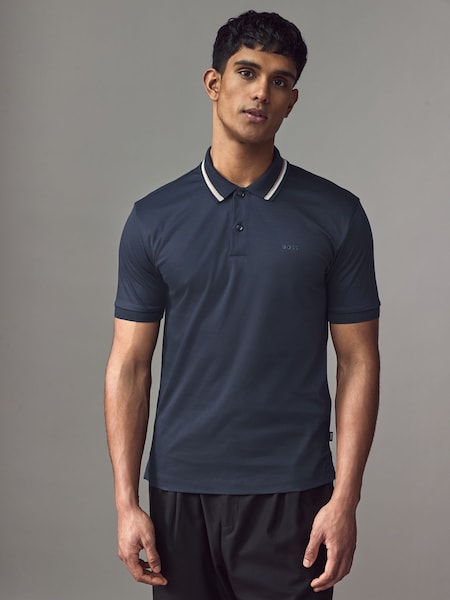 Blue Penrose Slim Fit Striped Collar Polo Shirt (AV3543) | £99