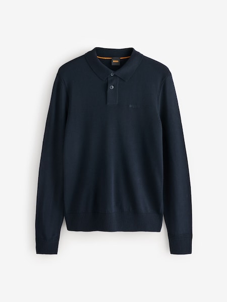 Blue Wool Blend Embroidered Logo Long Sleeve Knitted Polo Shirt (AV8710) | £65
