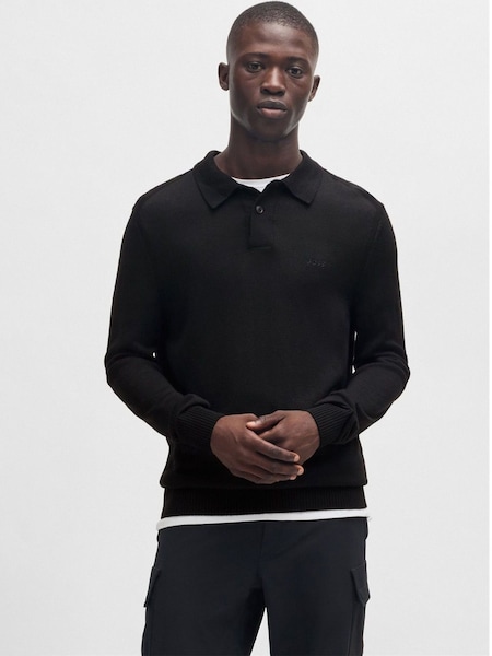 Black Wool Blend Embroidered Logo Long Sleeve Knitted Polo Shirt (AV8718) | £55
