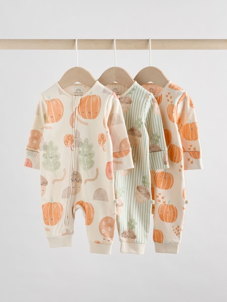 Cream Autumn Pumpkin Two Way Zip Footless Baby Sleepsuits 3 Pack (0mths-3yrs) (AW3262) | £19 - £21