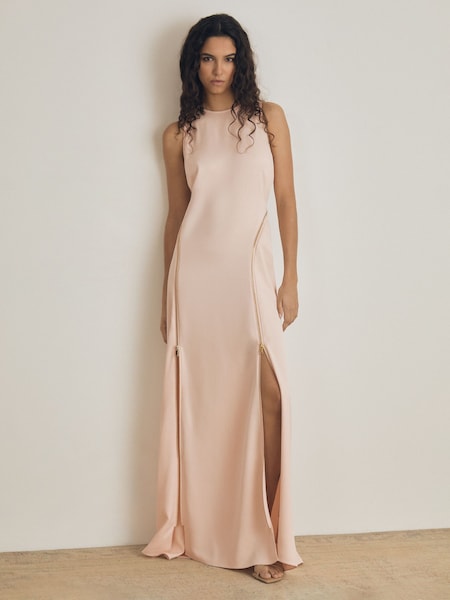 Reiss Pink Leanna Atelier Zipped Satin Maxi Dress with Virgin Wool (AW6775) | £495