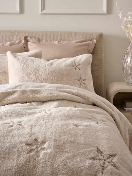 Natural Christmas Embroidered Faux Fur Duvet Cover and Pillowcase Set (AW8014) | £55 - £85
