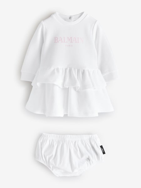 Baby Logo Tierred Ruffle Jersey White Dress (AY7637) | £163
