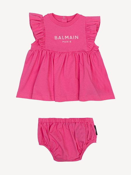 Baby Pink Logo Frill Sleeve Dress and Knickers Set (AY7641) | £155