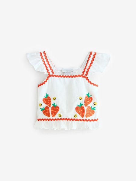 Strawbrerry Embroidered Woven Crop White Top With Frill Sleeve (AY8483) | £96