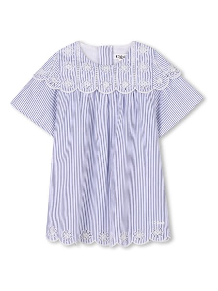Baby Blue Pinstripe Dress With Scalloping and Broderie Detail (AY9319) | £215