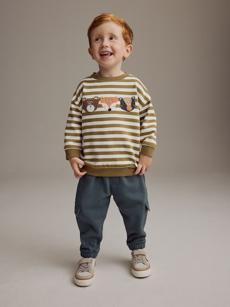 Green/Ecru Stripe Sweatshirt and Utility Joggers 2 Piece Set (3mths-7yrs) (B17571) | £20 - £24