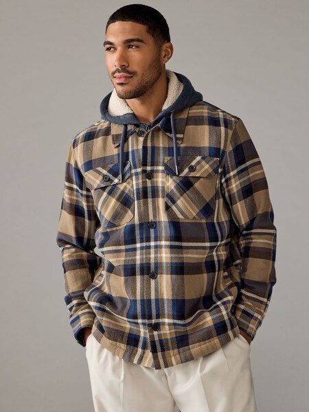 Tan Brown Check Hooded Borg Lined Shacket (B62221) | £72