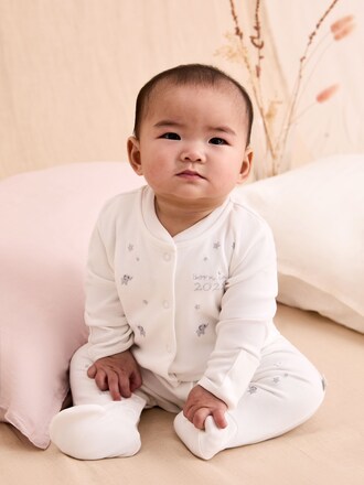 JoJo Maman Bébé White Born In 2025 Embroidered Sleepsuit