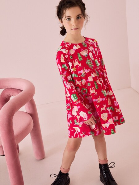 Red Christmas Print Long Sleeve 100% Cotton Jersey Dress (3-16yrs) (B99008) | £6.50 - £9