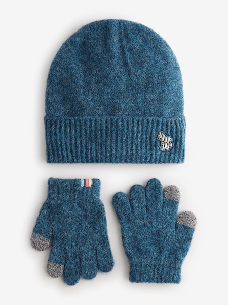 Boys Blue Zebra Logo Beanie And Gloves Set (E04486) | £26