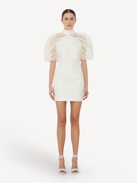White Mini Lace Plissé Dress (E27387) | £295