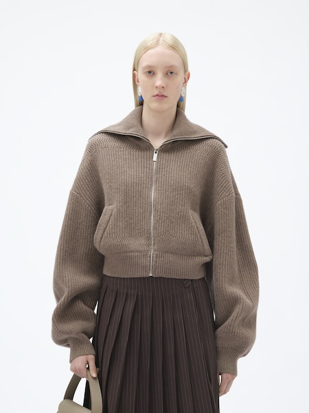 Knitted Cropped Bomber Brown Jumper (E30083) | £325