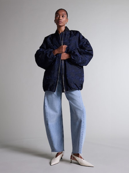 Navy Blue Botanic Jacquard Bomber Jacket (E80390) | £190