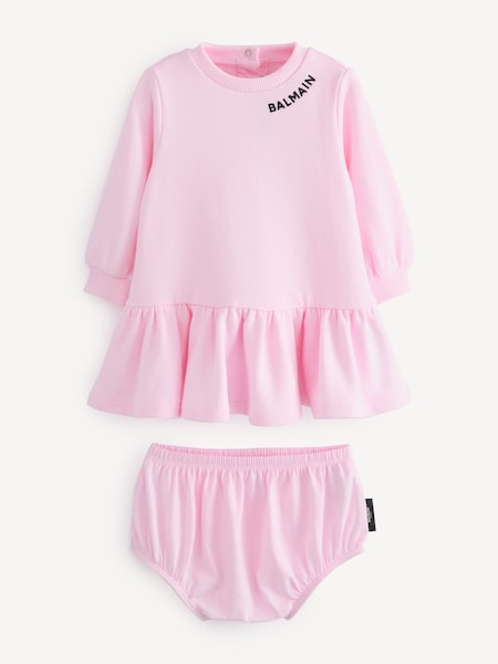 Kids Baby Pink Logo Frill Dress And Bloomers Set (E84769) | £160
