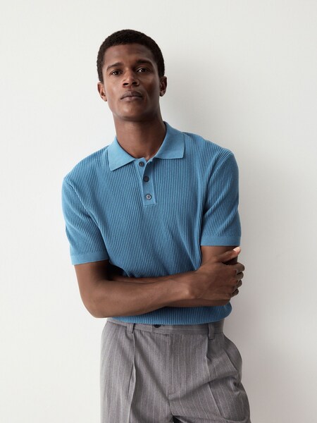 Mid Blue Regular Fit 100% Cotton Short Sleeve Knit Textured Rib Polo Shirt (E99833) | £30