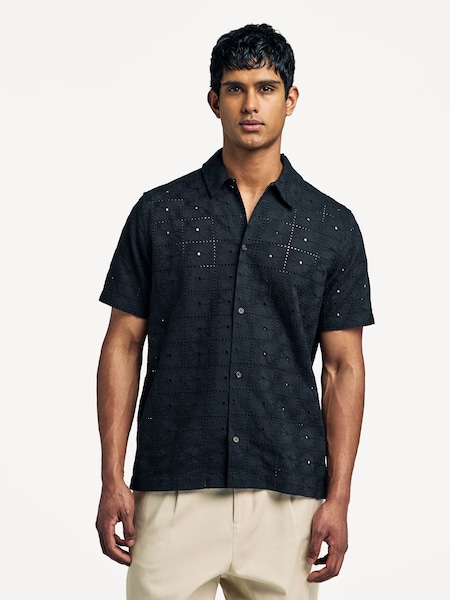 Black Hector Short Sleeve Anglaise Embroidered Shirt (F07264) | £120