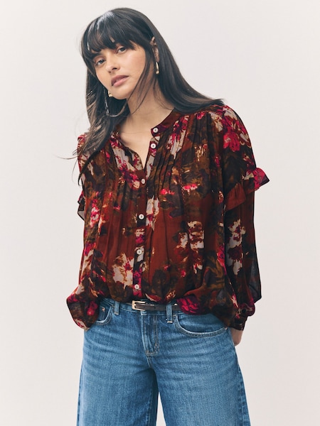 Brown/Pink Floral Print Long Sleeve Pintuck Ruffle Sleeve Blouse (F07844) | £38