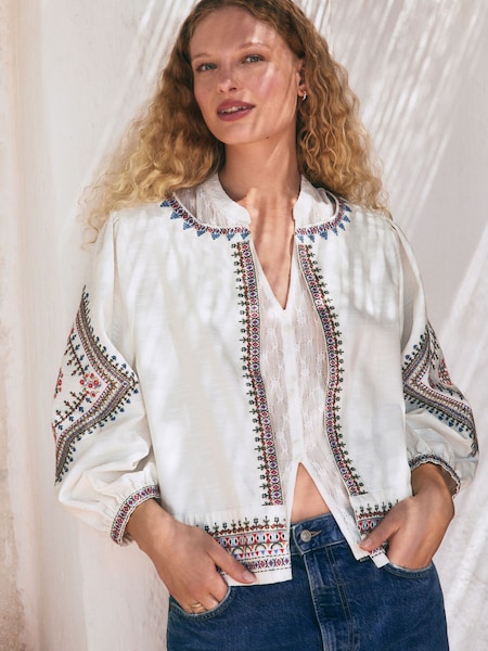 Cream Long Sleeve Embroidered Cotton Lightweight Jacket (F07851) | £58