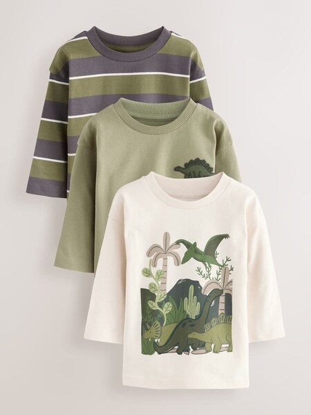 Green Dinosaur Long Sleeve Graphic Print T-Shirts 3 Pack (3mths-7yrs) (F15525) | £18 - £22
