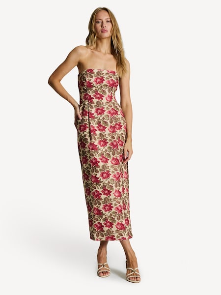 Red Rosalie Floral Linen Strapless Midi Dress (F23877) | £330