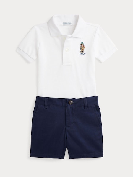 White Baby Boys Polo Bear 100% Cotton Polo Shirt and Shorts Set (F28464) | £125