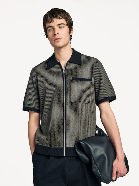 Black Zuma Jacquard Short Sleeve Zip Through Shirt (F30133) | £310