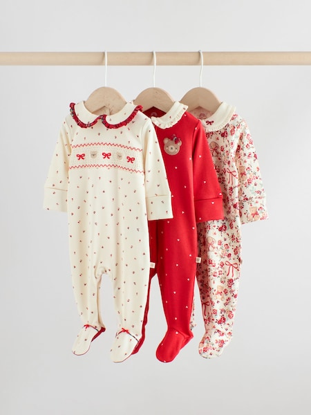 Red Bow Bear Baby Sleepsuits 3 Pack (0mths-2yrs) (F34057) | £22 - £24
