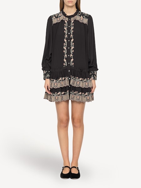 Black Lacey Embroidery Black Long Sleeve Tunic Dress (F35779) | £550