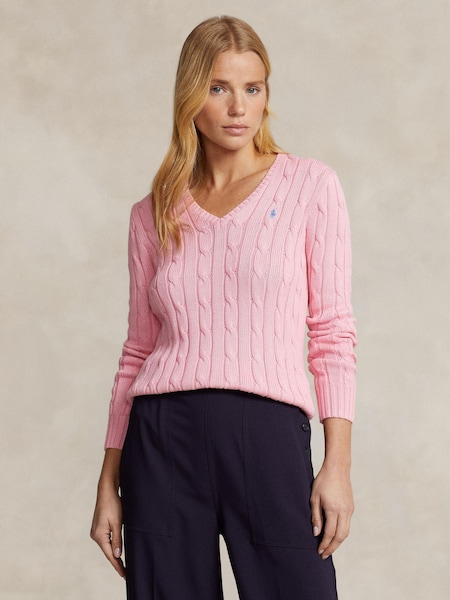 Pink Cable-Knit Cotton V-Neck Sweater (F43177) | £189