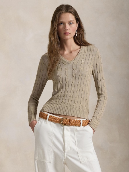 Brown Cable-Knit Cotton V-Neck Sweater (F43195) | £189
