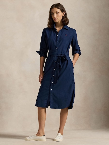 Blue Cotton Oxford Belted Shirtdress (F43204) | £249