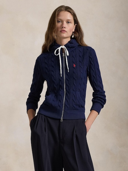 Blue Cable Knit  Cotton Full-Zip Hoodie (F43206) | £269