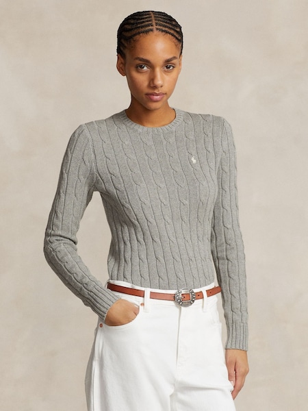 Grey Cable-Knit Cotton Crewneck Sweater (F43209) | £189