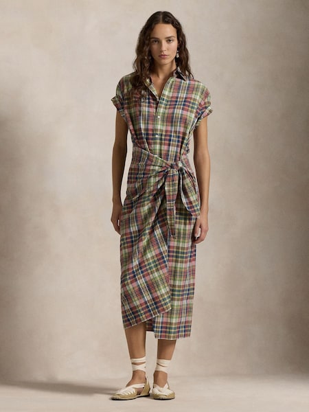 Brown Plaid Cotton Faux Wrap Shirt Dress (F43213) | £269