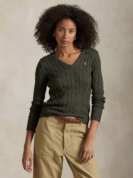 Green Cable-Knit Cotton V-Neck Sweater (F43214) | £189