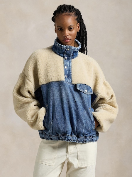 Blue Fleece-Denim Mockneck Pullover Jumper (F43216) | £349