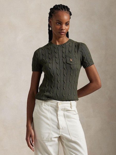 Green Cable Knit Cotton Short Sleeve Sweater (F43230) | £159