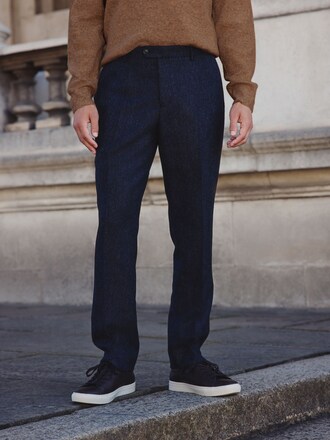 Navy Blue Tailored Fit Signature Abraham Moon 100% British Wool Donegal Suit Trousers