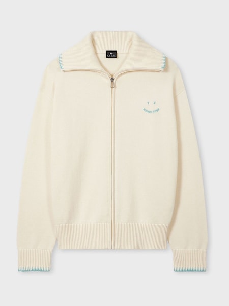 Happy Logo Knitted Zip Through Collar 100% Cotton White Jumper (F62849) | £260