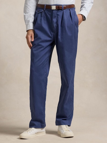Blue Whitman Relaxed Fit Pleated Chino Trousers (F71325) | £219