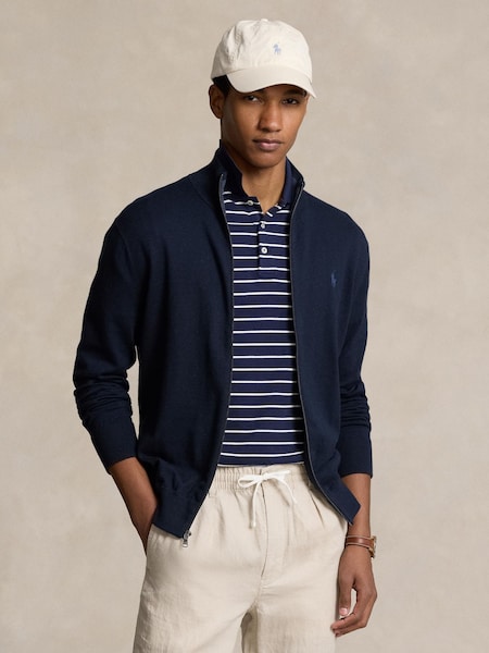 Navy Blue Cotton Full-Zip Sweater (F71326) | £189