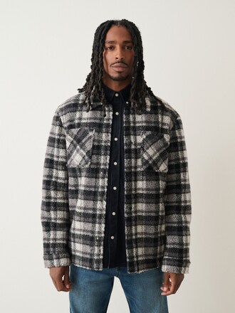 Black Grey Black White Check Printed Fleece Popper Shacket