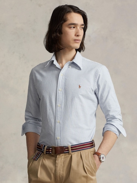 Blue & White Stripe Long Sleeve Sport Shirt (F73489) | £145