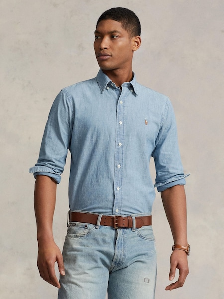 Denim Blue Long Sleeve Custom Fit Oxford Shirt (F73498) | £145