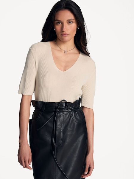 Cream Fine Merino Rib V-Neck Top (F85496) | £225