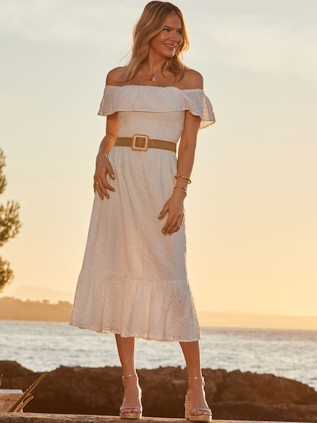 White Broderie Detail Belted Bardot 100% Cotton Dress (F93609) | £39