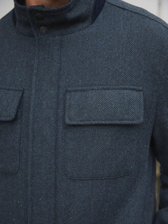 Navy Herringbone Four Pocket Funnel Neck Coat with Wool